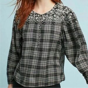 Anthropologie Akamai + Kin  Gray and Black Long Sleeve Plaid Blouse Pearl Accent